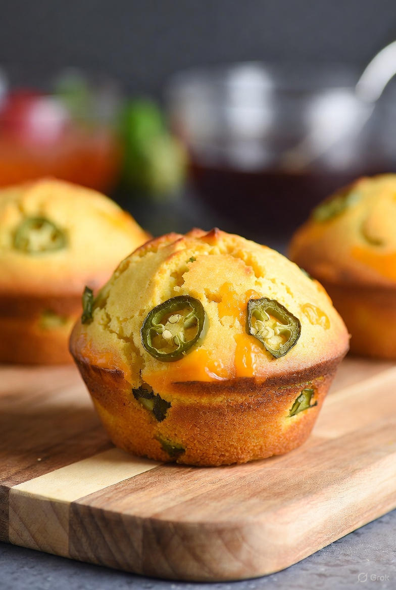 A golden square of spicy cornbread with melted cheddar cheese and sliced jalapeños on top, sitting on a rustic kitchen table.