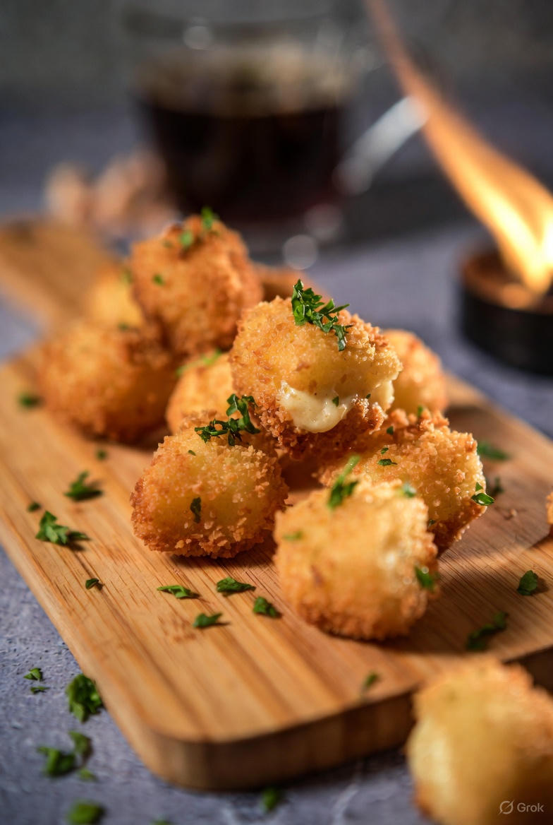 Golden-brown, crispy mac and cheese bites topped with breadcrumbs and bacon bits, served on a rustic wooden platter for a family snack.