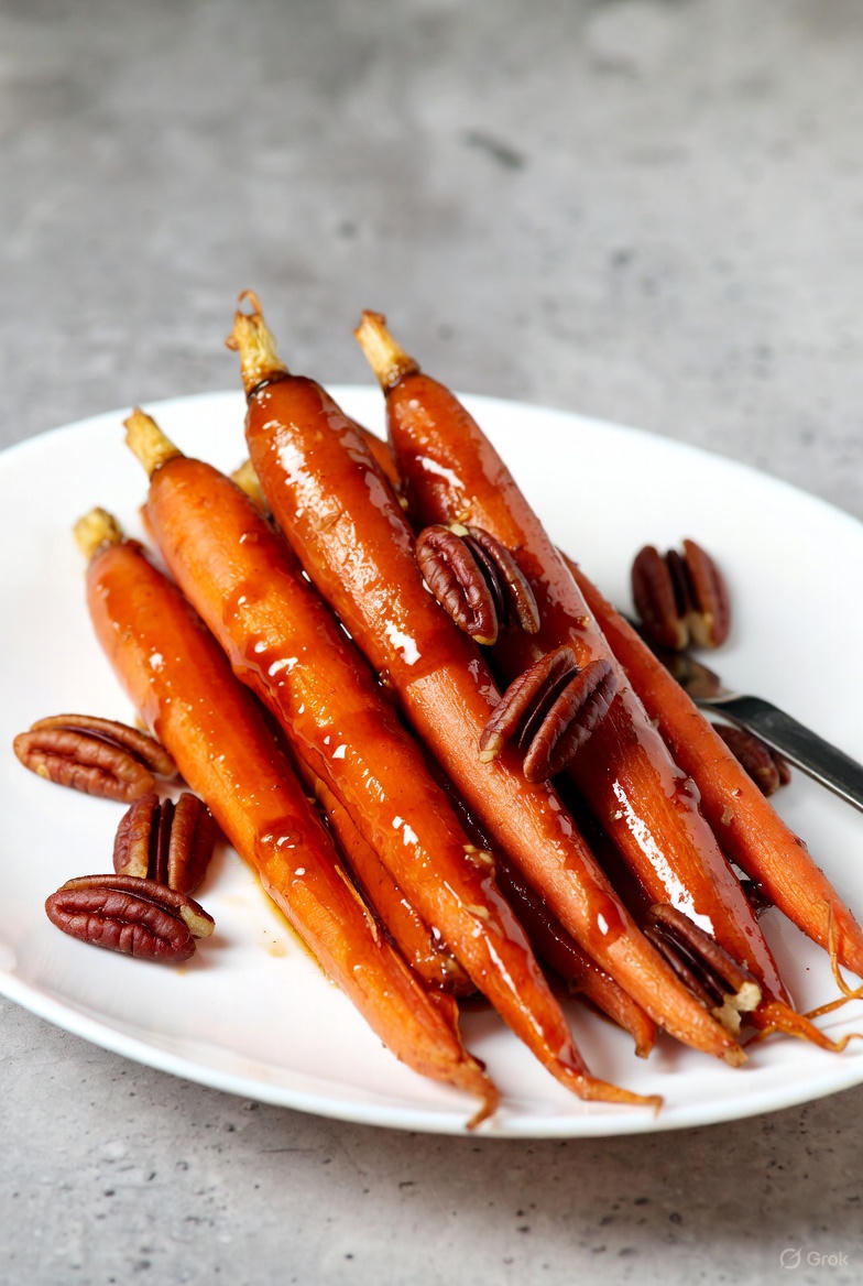 A close up of roasted carrots with a glossy brown butter and maple glaze, topped with chopped pecans in a rustic skillet.