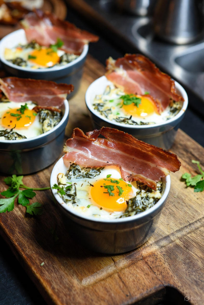 A pair of ceramic ramekins containing golden baked eggs nestled in sautéed spinach, topped with shredded parmesan and crispy prosciutto strips.