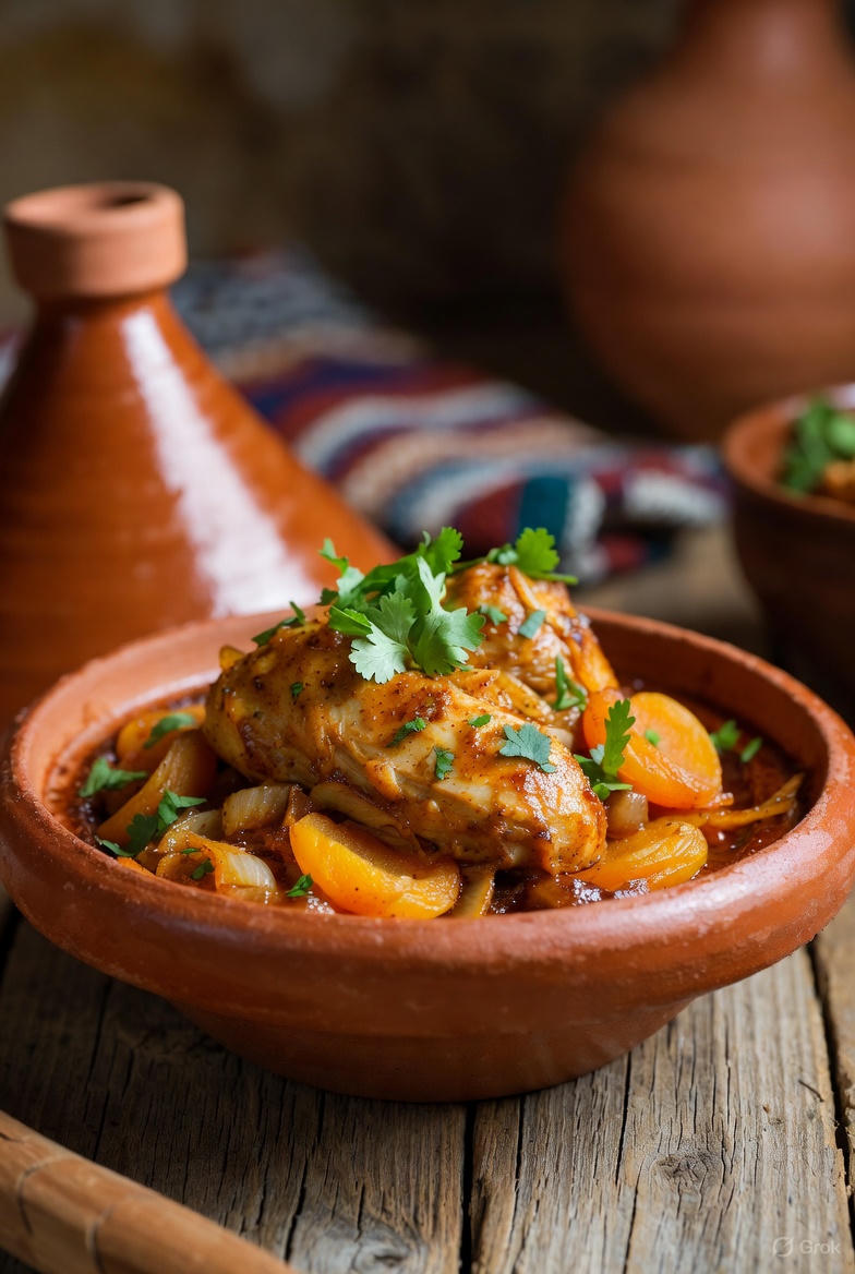 A warm, golden Moroccan chicken tagine simmered with dried apricots and topped with fresh cilantro and toasted almonds in a ceramic dish.