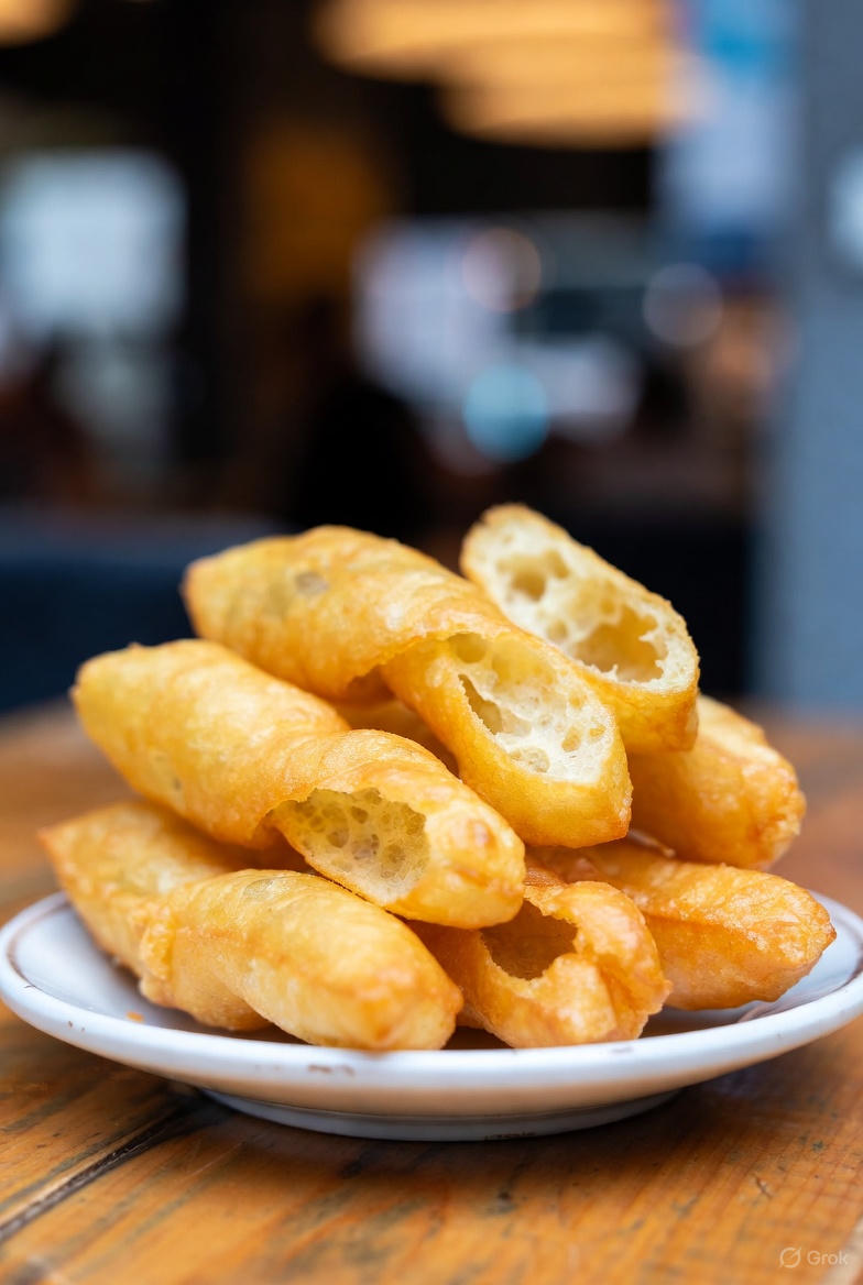 A steaming bowl of savory congee topped with sliced scallions and century egg, served next to golden-brown, crispy fried dough sticks on a rustic wooden table.