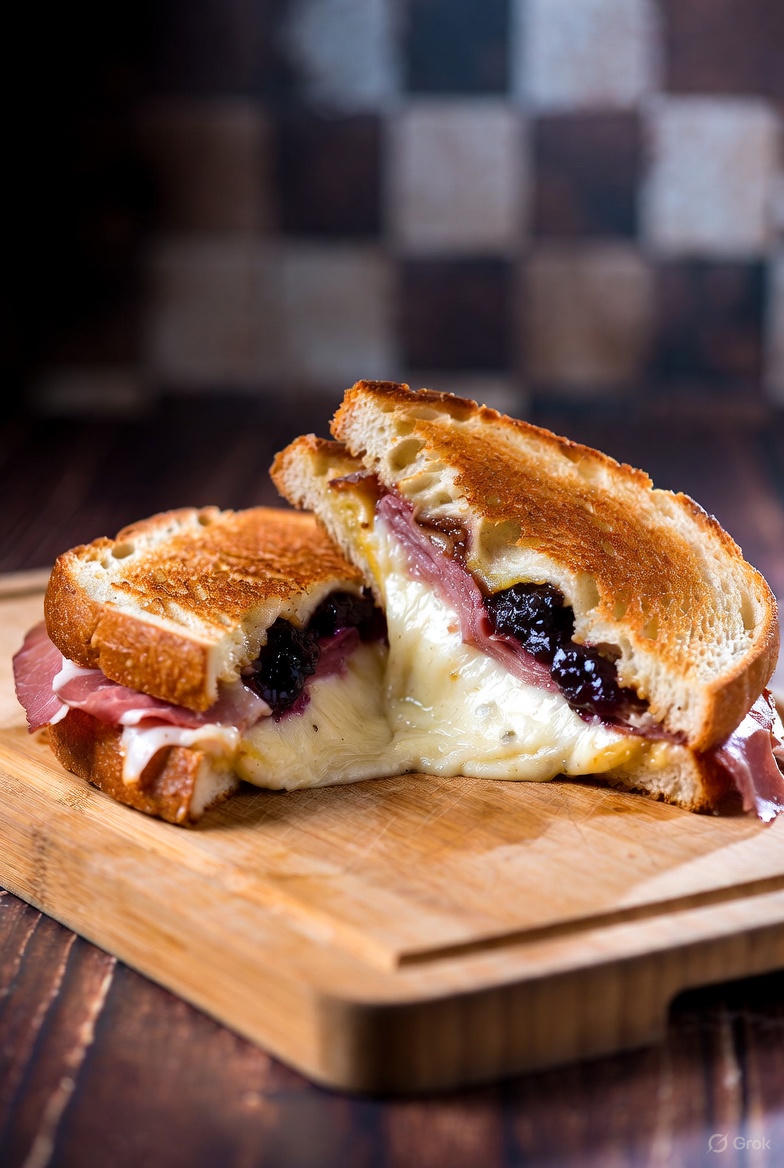 A perfectly golden brown sourdough grilled cheese sandwich with melted brie, dark fig jam, and savory prosciutto on a rustic wooden board.