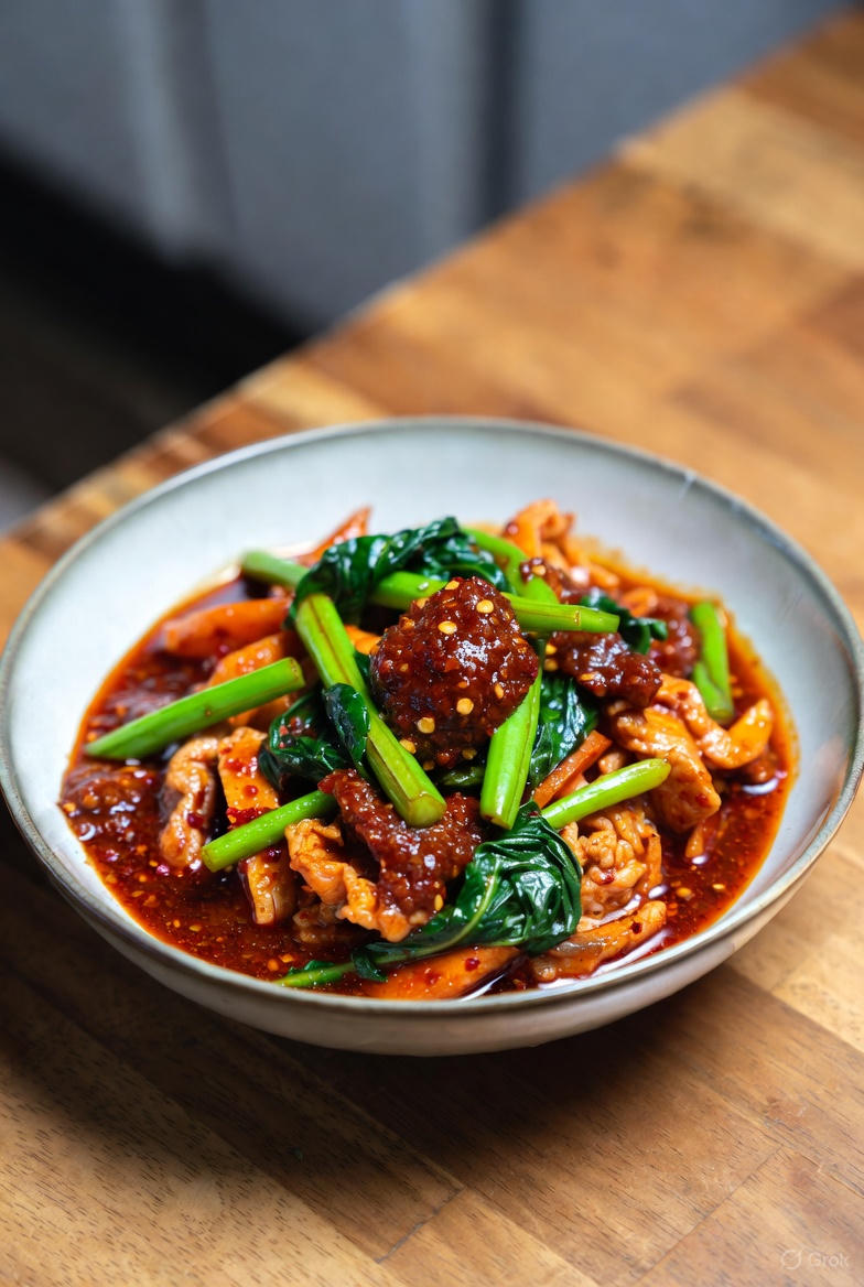 A vibrant Spicy Thai Basil Chicken Stir-Fry with bright green beans and red peppers served in a dark ceramic bowl on a wooden table.