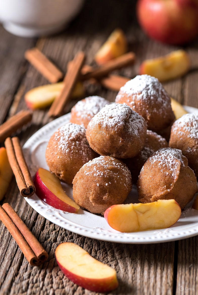 A plate of golden brown apple cinnamon fritters dusted with sugar, representing the featured recipe from the EasyHome app database.