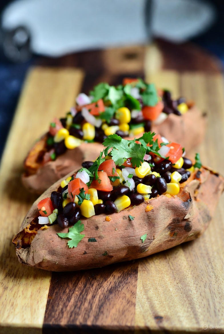 A colorful, steaming baked sweet potato sliced open and topped with a vibrant black bean and corn salsa garnished with fresh cilantro.