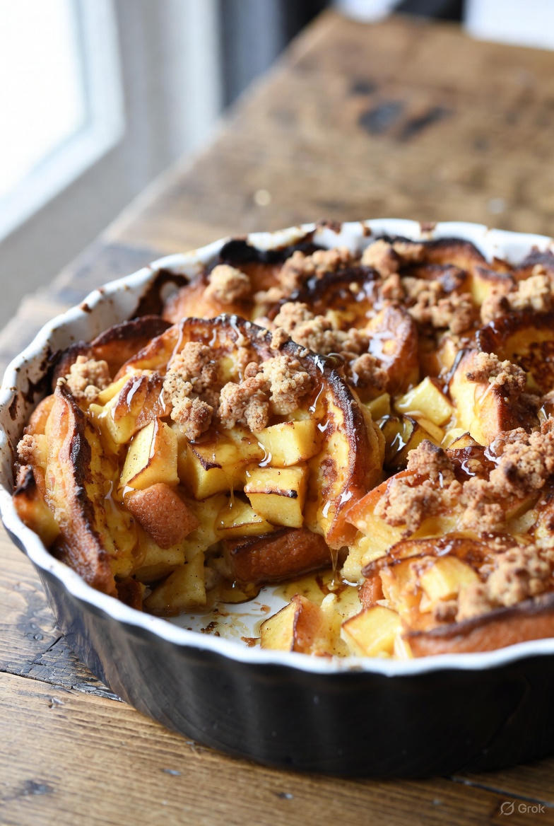 A golden-brown Apple Pie French Toast Casserole topped with crunchy pecans and streusel, served warm in a white ceramic baking dish.