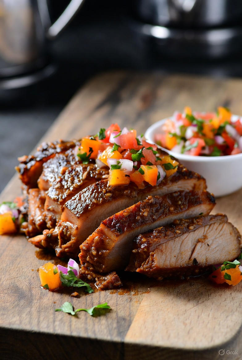 A close-up of shredded Cuban Mojo Pork in a Dutch oven, topped with a colorful mango and red pepper salsa, sitting on a rustic wooden table.