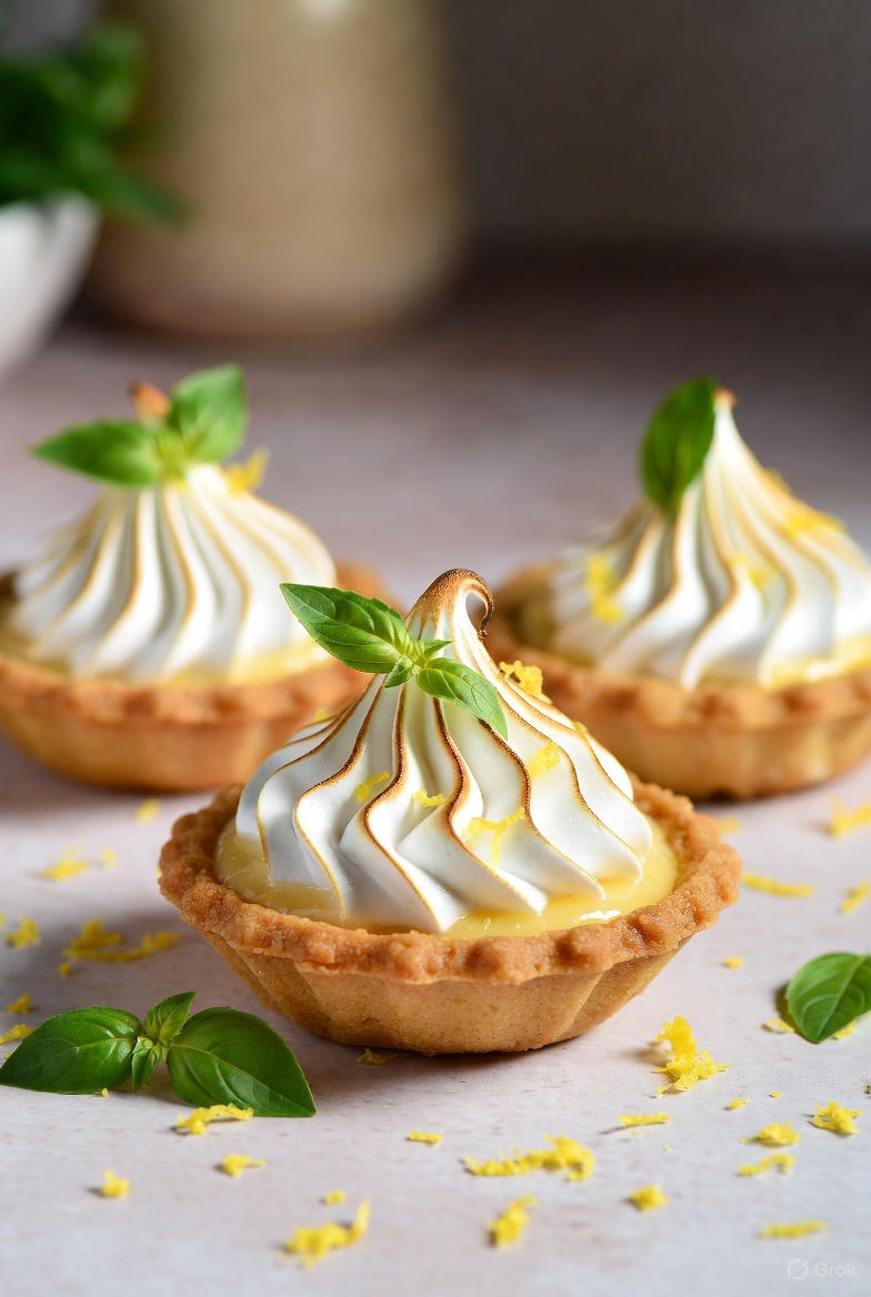 A beautiful plate of deconstructed lemon meringue tartlets with golden browned meringue peaks and small green basil garnishes.