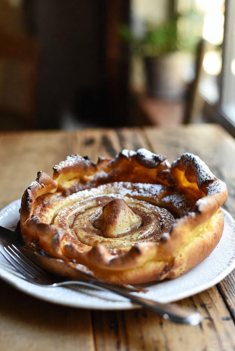 A golden, puffed Cinnamon Swirl Dutch Baby Pancake in a black cast iron skillet, dusted with powdered sugar on a cozy kitchen table.