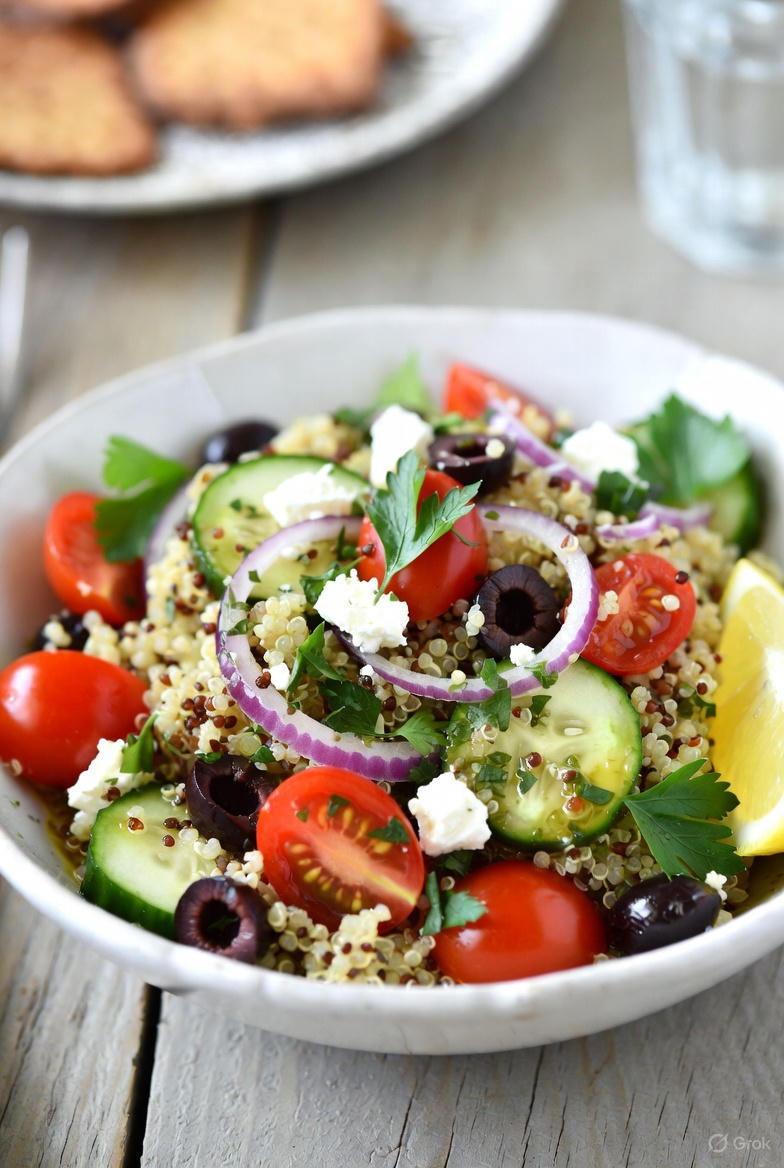 A close-up shot of a Mediterranean Quinoa Salad in a ceramic bowl, showing fluffy quinoa mixed with red tomatoes, green cucumbers, and white feta cheese.