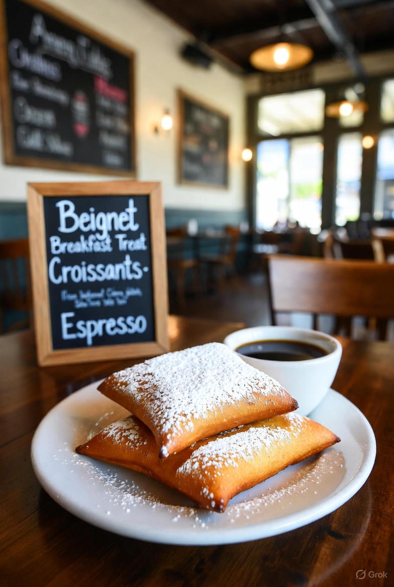 A plate of golden-brown, square New Orleans beignets heavily dusted with powdered sugar, sitting on a kitchen counter in a bright family home.