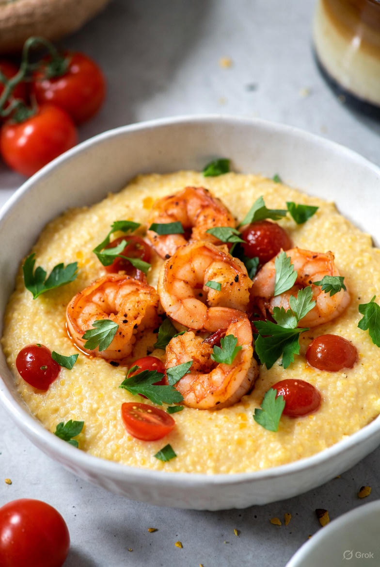 A steaming bowl of creamy cheddar grits topped with sautéed shrimp, spicy andouille sausage, and vibrant green onions on a rustic wooden table.