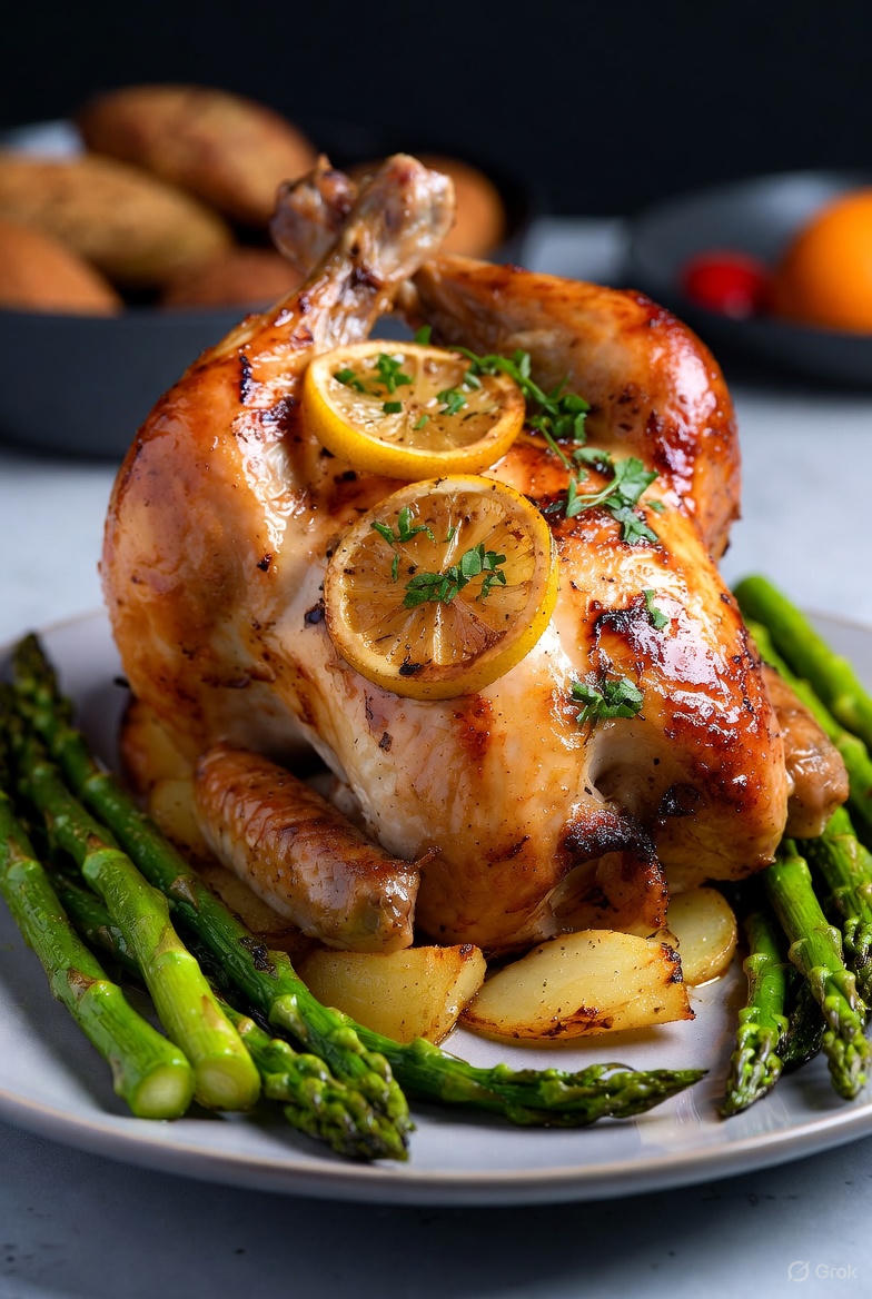 A delicious pan of roasted chicken thighs and green asparagus garnished with fresh lemon slices and rosemary sprigs.