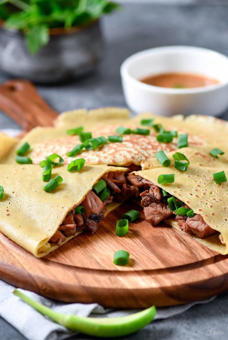 A close-up of golden-brown savory scallion and pork crepe wheels sliced and arranged on a white plate in a bright family kitchen.