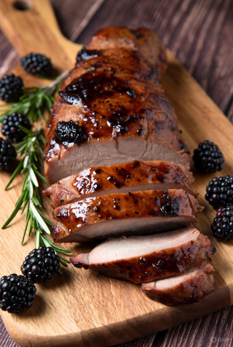 A roasted pork tenderloin with a dark purple balsamic glaze and whole blackberries, served in a black cast-iron skillet on a rustic wooden table.