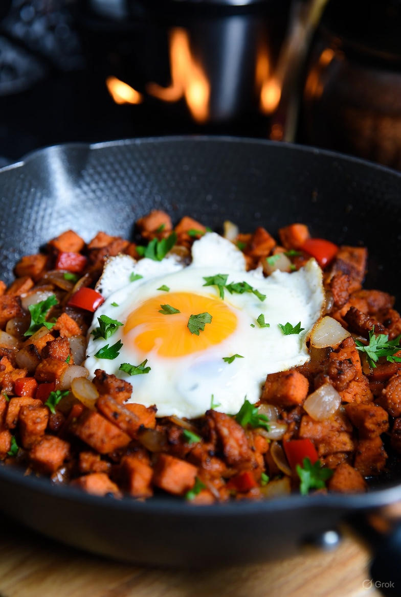 A cast iron skillet holds a colorful hash of orange sweet potatoes, red peppers, and browned chorizo, topped with a fried egg and fresh cilantro.